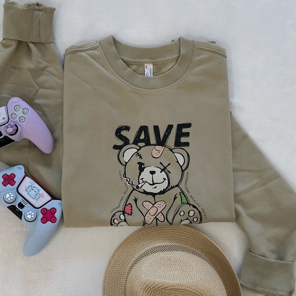 High Quality “Save The World” Cool Teddy Bear Graphic Sweatshirt For Men